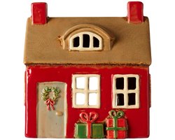 Ib Laursen - Keramieken Kersthuisje Rood met kerstkrans en cadeaus - Waxinelichthouder
