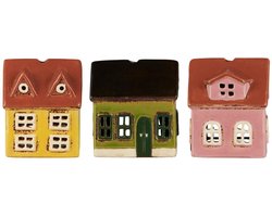 Ib Laursen - Set van 3 kleine keramieken huisjes Nyhavn - geel, roze, groen - waxinelichthouder
