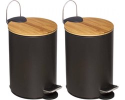 IBBO Shop -2x Luxe pedaalemmer - Prullenbak - 3 L - bamboo - Afvalemmer - Soft Close Deksel bamboo - Chique Design - Afvalzak Inkeping - Vuilnisbak Badkamer- 2 Stuks - Zwart en hout
