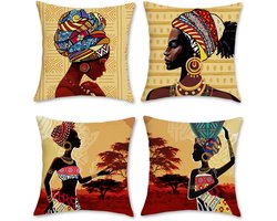 Ibenzoa® 4 kussenslopen Afrikaanse vrouwen 45 x 45 cm polyester linnen decoratieve kussenhoezen sierkussenslopen voor bank slaapkamer woonkamer auto woondecoratie