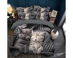 Ibenzoa® Beddengoedset met 3D Kattenprint en Verborgen Sluiting voor Dubbelbed, Inclusief Kussenslopen