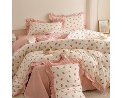 Ibenzoa® Beddengoedset met Roze Aardbeienmotief en Romantische Ruches, 135 x 200 cm, Omkeerbaar en Zacht