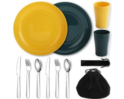 Ibenzoa® Complete 10-delige Camping Eetset met Herbruikbare Bekers, Borden en Roestvrij Stalen Bestek in Handige Draagtas voor Twee Personen