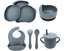 Ibenzoa® Complete Siliconen Kinderservies Set met Konijnenontwerp - 7 Delige Grijze Serviesset voor Veilige Maaltijden
