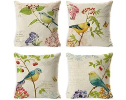 Ibenzoa® Decoratieve Set van 4 Kussenhoezen met Bloemen en Vogels, Linnen, 45 x 45 cm, Voor Huis en Auto