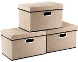 Ibenzoa® Drie Stuks Vouwbare Opbergkubusjes met Deksel, Grotang Geweven, Opslagdozen Organizer Bakken met Afdekking voor Thuis, Slaapkamer, Kantoor, Kinderkamer - 38x25x25cm