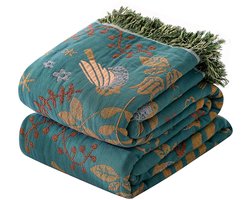 Ibenzoa® Dubbelzijdige Boho-Katoenen Sprei in Blauw-Beige, 200 x 230 cm, Omkeerbare Bank- en Beddeken