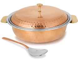 Ibenzoa® Exquise Handgemaakte Indiase Serveerschaal in Gehamerd Koper met Deksel en Lepel voor Luxe Dineren