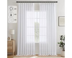 Ibenzoa® Gordijnen met Ingewerkte Plooien en Ruglussen, Semi-Transparant voor Woon- en Slaapkamer, Set van 2, 132 x 225 cm, Wit