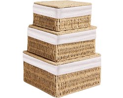Ibenzoa® Handgemaakte Gevlochten Opbergmandenset met Deksel in Drie Maten voor Diverse Ruimtes