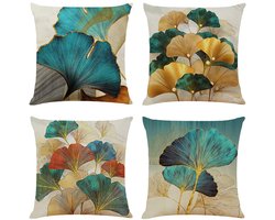 Ibenzoa® Kleurrijke Set van 4 Decoratieve Kussenhoezen met Goud en Turquoise Bladerenpatroon, Luxe Linnen Stof