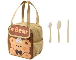 Ibenzoa® Lichtbruine Kinderlunchtas met Geïsoleerd Ontwerp en Serviesset voor Meisjes