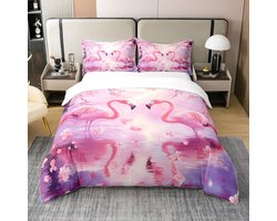 Ibenzoa® Roze katoenen dekbedovertrek met tropische flamingo's en bloemenprint