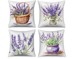 Ibenzoa® Set van 4 decoratieve kussenhoezen met paarse bloemen en groene bladeren