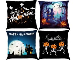 Ibenzoa® Set van 4 Halloween Kussenhoezen van Katoen en Fleece - Donker Kleuren