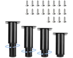 Ibenzoa® Set van 4 in hoogte verstelbare metalen meubelpoten voor diverse meubels, zwart koolstofstaal, 8-12 cm, inclusief schroeven