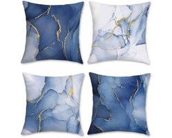 Ibenzoa® Set van 4 Luxe Fluwelen Kussenslopen met Marmer Blauw-Goud Design, 45 x 45 cm