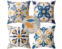 Ibenzoa® Set van 4 stijlvolle waterafstotende linnen kussenhoezen voor buiten en binnen, 50 x 50 cm, blauw