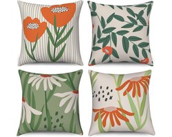 Ibenzoa® Set van 4 Vlas Kussenhoezen 40x40 cm Boho Stijl Oranje Bloemen Beige Groen Outdoor Decor
