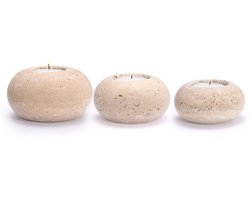 Ibenzoa® Set van drie stijlvolle handgemaakte kaarsenhouders van travertin en marmer