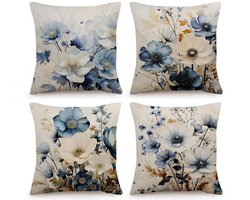 Ibenzoa® Set van vier decoratieve linnen kussenhoezen met bloemenmotief voor binnen en buiten