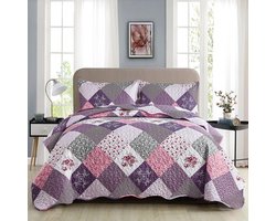 Ibenzoa® Sfeervolle Patchwork Sprei 240 x 260 cm met Bloemenpatroon en Kussenslopen in Roze Paars