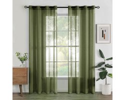 Ibenzoa® Transparante vitrage gordijnen met moderne uitstraling en inslagringen, set van 2 stuks, olijfgroen, 140 x 225 cm
