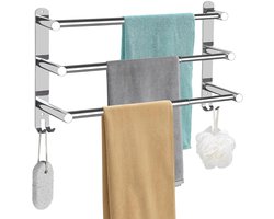 Ibenzoa® Uitbreidbare Zelfklevende Handdoekhouder Zonder Boren voor Badkamer en Keuken, Roestvrij Staal, 3 Lagen met Haken