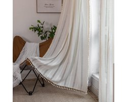 Ibenzoa® Vintage Boho Gordijnen Set van Twee - Lichtdoorlatend Katoen en Linnen met Kwastjes voor Woon- en Slaapkamer
