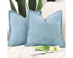 Ibenzoa® Zachte Decoratieve Kussenhoezen Set van 2, Chenille Fluweel met Rand, Lichtblauw, 60 x 60 cm