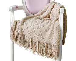 Ibenzoa® Zachte gebreide wollen deken met franjes voor bank of bed in khaki