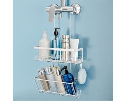 Ibenzoa® Zilveren doucheplank voor badkamer met hangende manden en haakjes