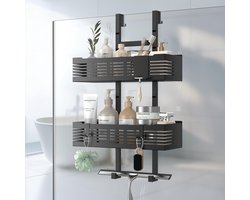 Ibenzoa® Zwarte Hangende Doucheplank Zonder Boren voor Glazen Deuren met Verstelbare Hoogte en Haken