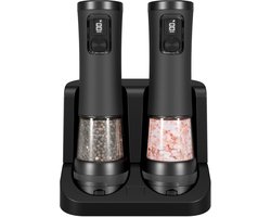 IBETTERTEC - Elektrische zout- en pepermolenset – USB-oplaadstation – 100 ml – Transparante houder – Lekvrije deksel – Draadloos