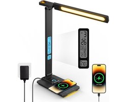 IBETTERTEC - LED Bureau Lamp - LED geïntegreerd - Dimbaar - 3 Lichtkleuren - Draadloos Opladen - USB Oplaadfunctie - 3 Kleurtemperaturen - 5 Helderheidsniveaus - Temperatuur Alarm en Kalenderfunctie