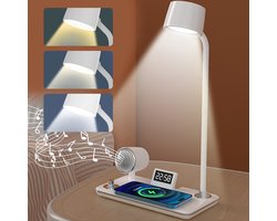 ibettertec-LED-nachttafellamp - LED-bureaulamp met draadloze lader & Bluetooth-luidspreker - 3 kleuren dimbare touchbediening - LED-bureaulamp met alarmfunctie - Bluetooth speaker tafellamp - geschikt voor slaapkamer, woonkamer, werkkamer, etc.