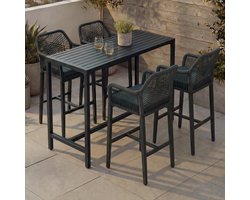 Ibiza Luxe 5-Delige Outdoor Barset met 4 Barkrukken – 130 x 65 x 105 cm – Modern Tuinbar Set van Metaal & Rope Wicker – Groen – Inclusief Kussens en Armleuningen