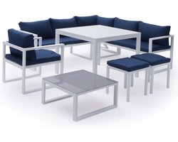 IBIZA modulaire tuinset in blauwe stof, 7 zitplaatsen - wit aluminium