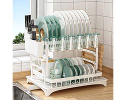 iBright Afdruiprek - 2 laags - Droogrek met Lekbak - Bestekhouder - Snijplankhouder- RVS Afwasdroogrek voor Afwas - Multifunctioneel -Wit