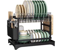 iBright Afdruiprek - 2 laags - Droogrek met Lekbak - Bestekhouder - Snijplankhouder- RVS Afwasdroogrek voor Afwas - Multifunctioneel -Zwart
