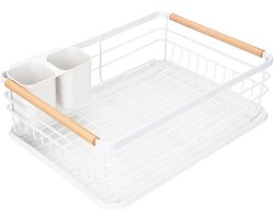 iBright Compacte Afdruiprek met Waterafvoer- Afwasrek met Lekbak - Met Bestekhouder - Ruimtebesparend - RVS - Wit