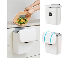 iBright Compacte Prullenbak - 9 Liter - Aanrecht afvalbakje - Met schuifdeksel - Inbouwprullenbak - Ophangbaar met Plakstrip - Wit