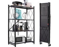 iBright Inklapbare stellingkast - Opbergrek - Wandkast - Keuken Organizer - 4 planken - Met 360° wielen - Zwart - Roestvrij Staal