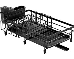 iBright Uitschuifbare Afdruiprek met Lekbak - Met Bestekhouder en Waterafvoer - Verstelbare breedte - Zwart -Metaal