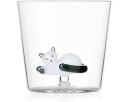 Ichendorf Milano - Tabby Cat glas liggende poes wit met staart smoke - handgeblazen