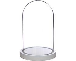 Ideas 4 Seasons Decoratie stolp 21cm hoog - glas - houten wit plateau - D14 x H21 cm