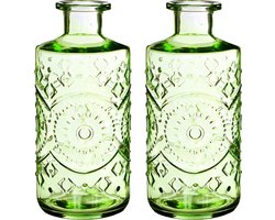 Ideas4seasons Bloemenvaas/flesvaas Berlin - 2x - met motief - helder glas - lichtgroen - D9 x H21 cm
