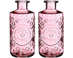 Ideas4seasons Bloemenvaas/flesvaas Berlin - 2x - met motief - helder glas - lichtroze - D9 x H21 cm