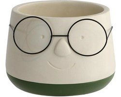 Ideas4seasons Bloempot/plantenpot gezicht met brilletje - wit/groen - voor kamerplant - D14 x H11 cm
