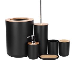 Igoods Badkamerset - Badkamer - Accessoires - Set van 6 - Zeepdispenser - Zeephouder - Tandenborstelhouder - Prullenbak - Drinkbeker - Toilethouder met Borstel - Zwart